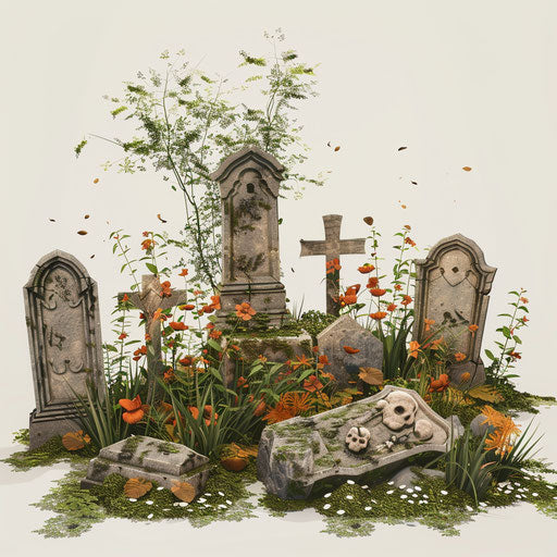 Realistic graveyard illustration on white background with soft lighting