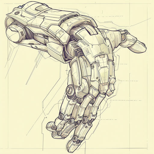 Futuristic line art tattoo sketch of a robotic arm