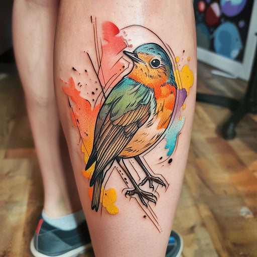 Vibrant flat tattoo sketch of a robin against a backdrop of bright sunrise colors
