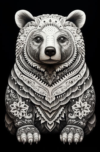 Black and white drawing of an ornate bear