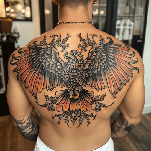 Wings tattoo on back with detailed eagle wings and nautical elements