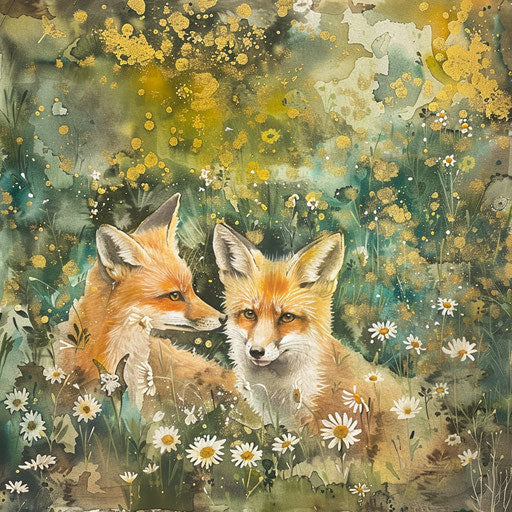 Foxes in a daisy meadow