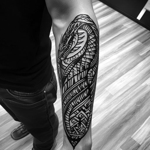 Tribal tattoos for men with tribal serpent coiling down the arm