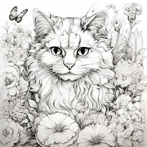 Cat and flowers in a style of intricately sculpted patterns