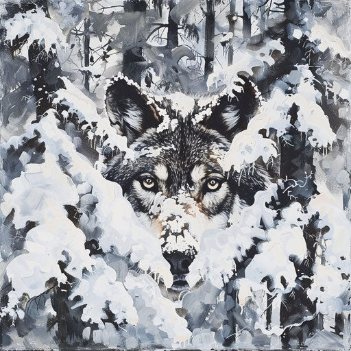The wolf hidden in a snowy forest, its eyes visible