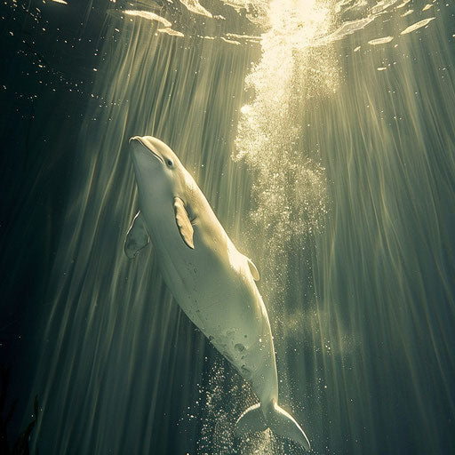 Beluga playing in a stream of bubbles with sunlight filtering through