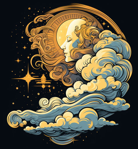 Sleeping moon and clouds vector, bold line work style, colorized, lunarpunk, hand-drawn animation, christcore, light bronze and yellow 59:64
