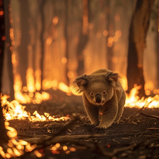 A koala navigating through a bushfire affected area, theme of survival and resilience