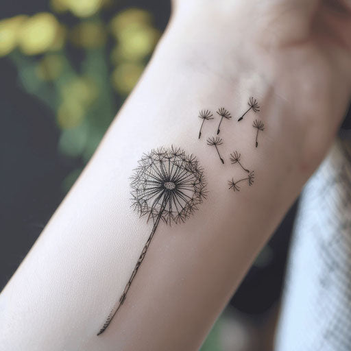 Hand-drawn small dandelion tattoo, with floating seeds, on a crisp white background