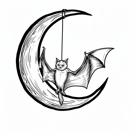 Bat hanging from moon in simple, bold outline