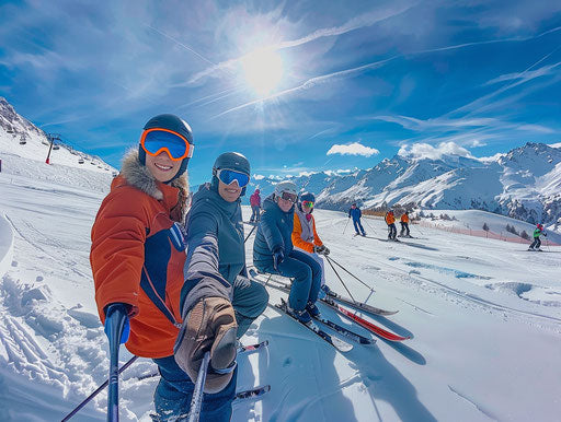 Friends skiing in French Alps, snowcapped mountains, sunny day