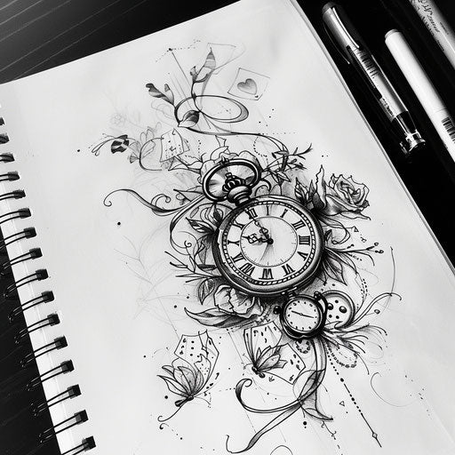 Sketch for a pocket watch and card soldiers tattoo