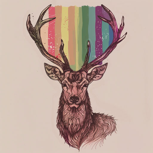 Elegant deer with antlers decorated in pride flag colors, flat tattoo sketch