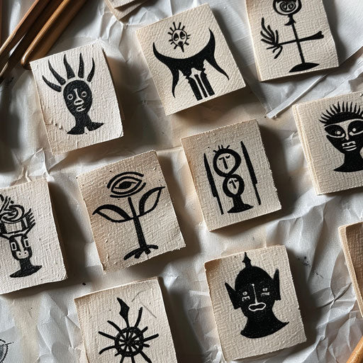 Small African folklore tattoos, diverse symbols on white sheet
