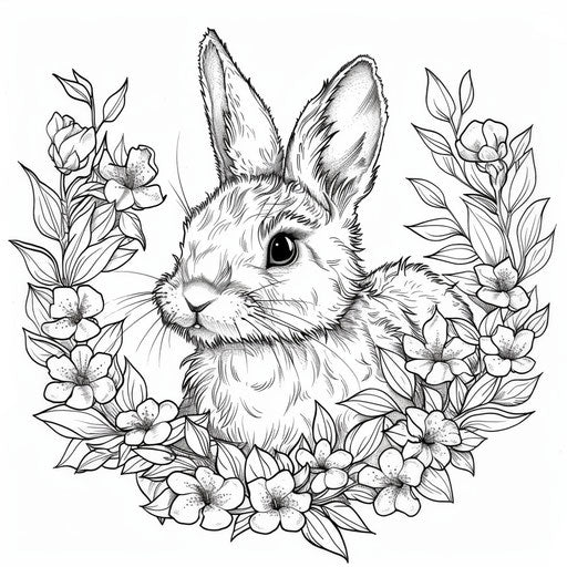 Bunny surrounded by a wreath of flowers and leaves. Coloring page