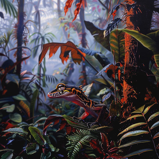 Gecko lizard in a lush jungle at dawn