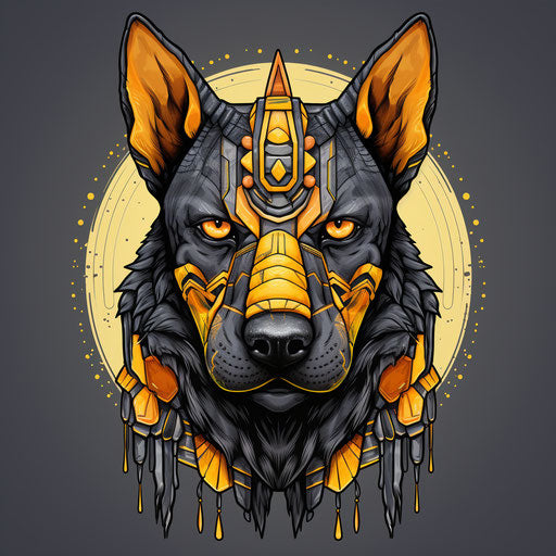 Egyptian dog head in orange and yellow outfit with stripes