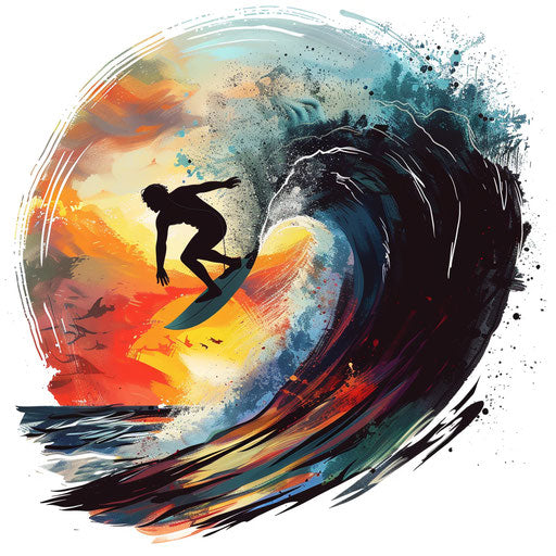 Dynamic tattoo sketch of a surfer catching a massive wave at sunset