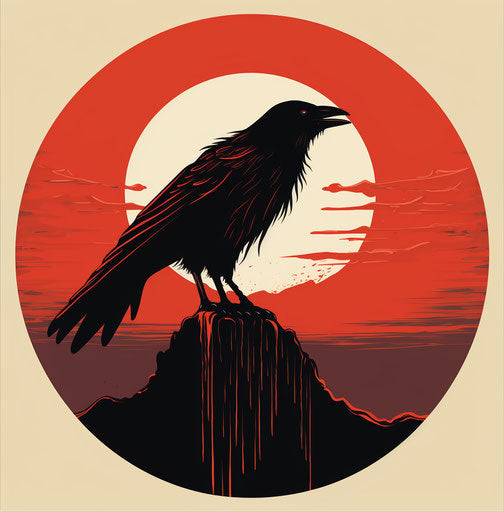 Black and red raven on moon icon