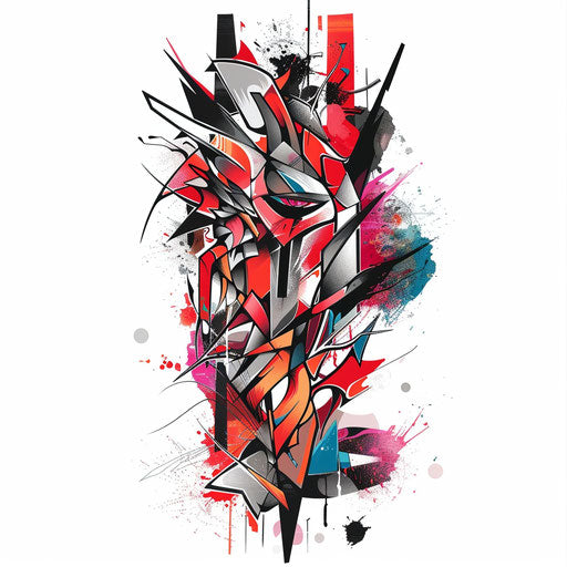 Abstract flat tattoo sketch with a shinigami in fragmented, vibrant shapes