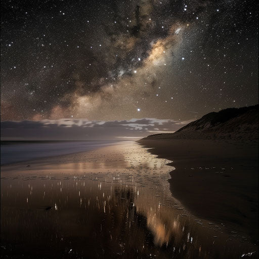 Sandy beach with stars reflecting at night