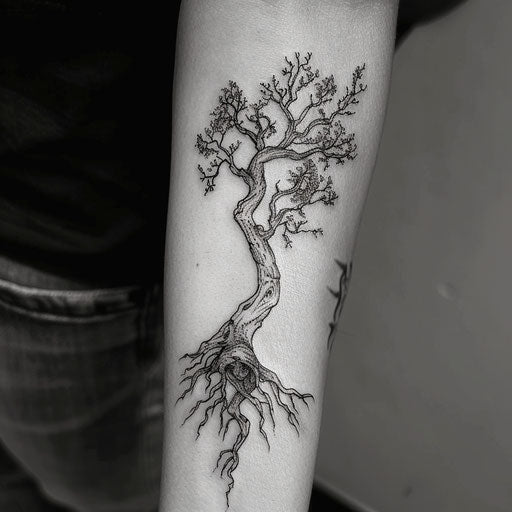 Minimalist flat tattoo sketch of a powerful single tree root