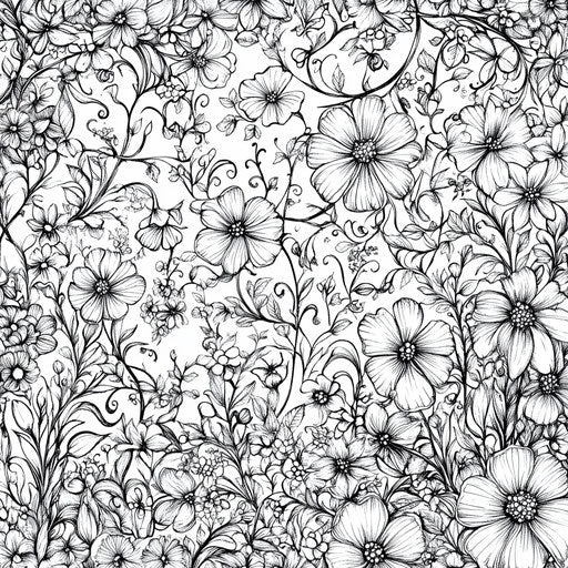 Intricate floral garden with vines in Johanna Basford style