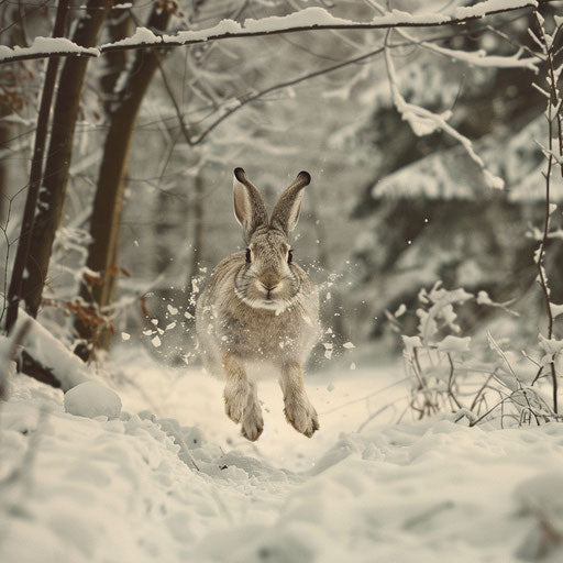 Wild rabbit hopping in a snow-covered forest