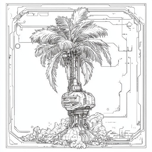 Futuristic palm tree with technological elements in Kojima style, coloring book page