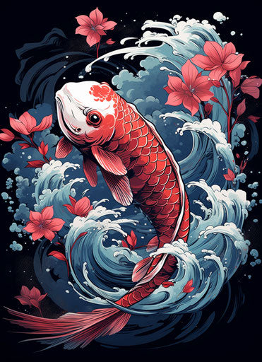 Carp with red, white flower, classic tattoo style