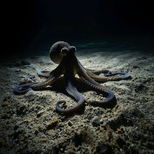 Octopus hunting at dusk, shadow over the seafloor