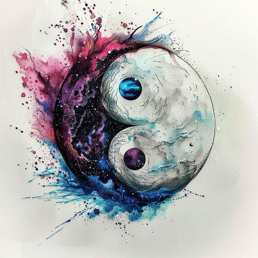 Hyper-realistic yin and yang merging into a cosmic galaxy