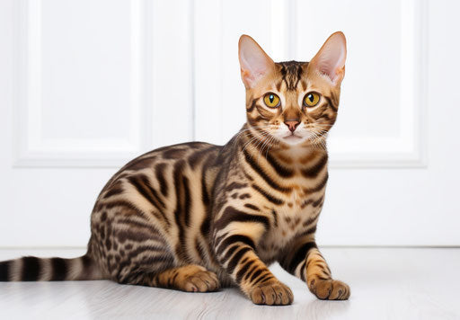 Bengal cat on a white table with a white background
