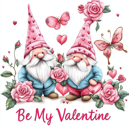 Three gnomes with pink roses, hearts, and butterflies, sticker style