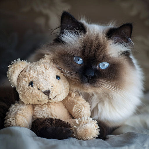 Himalayan cat with big blue eyes cuddling a stuffed animal