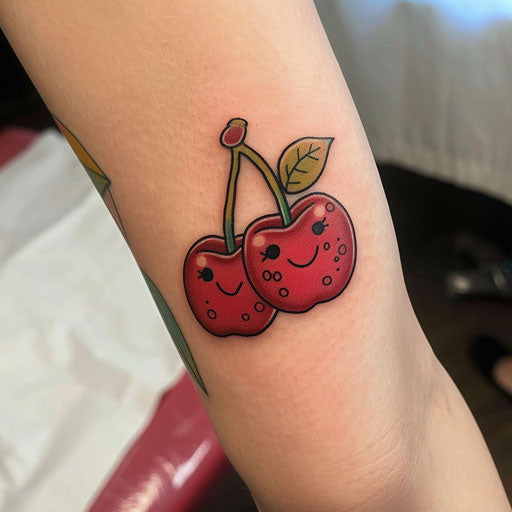 Cartoon-style cherry tattoo with cheerful, bright red cherries