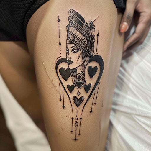 Tribal Queen of Hearts tattoo on clean white surface