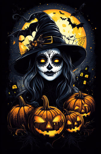 Beautiful witch sugar skull makeup, pumpkins, moon, bats, t-shirt design, Halloween, vector graphics