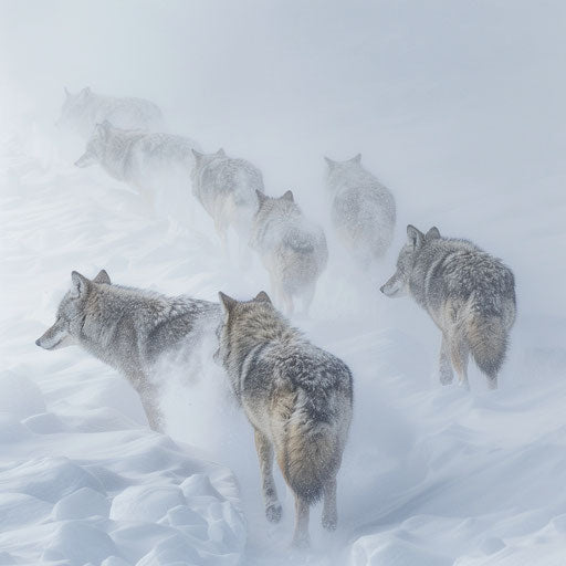 Pack of coyotes moving through a blizzard