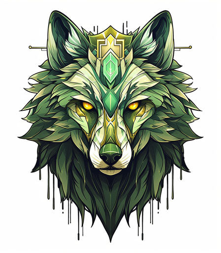 Graphic wolf with long teeth on white background, urban art style