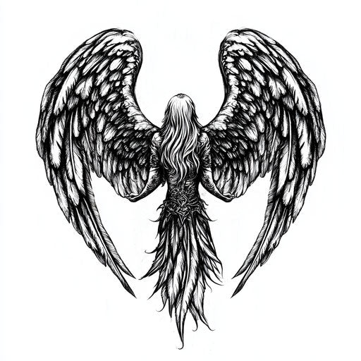 Neck tattoo with detailed wings guardian angel sketch