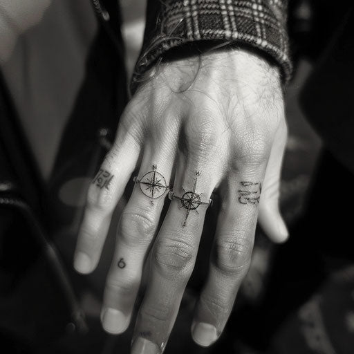 Wedding ring tattoo with tiny compass rose design