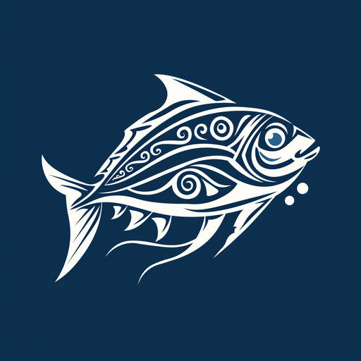 Stylized seafood restaurant logo on deep blue background