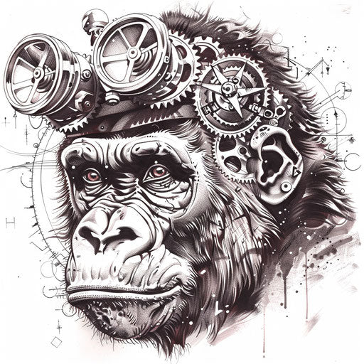 Steampunk gorilla tattoo on white background