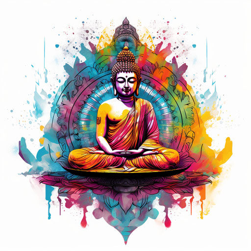 Buddha in circular shape, surrounded by watercolor designs