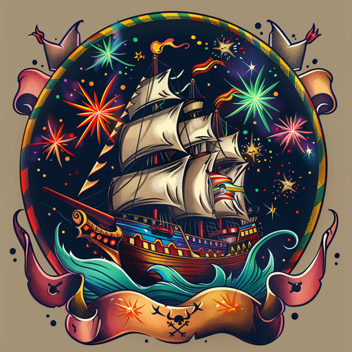 Festive tattoo sketch of a pirate ship with fireworks and colorful banners
