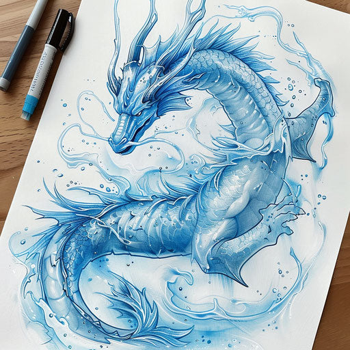 Fantasy water tattoo design with mythical water dragon in shimmering blue details on white canvas.