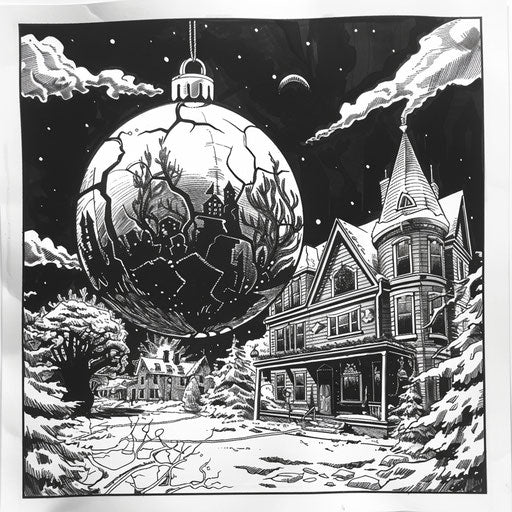 Noir-style Christmas ornament scene in the style of a Mark Schultz coloring page