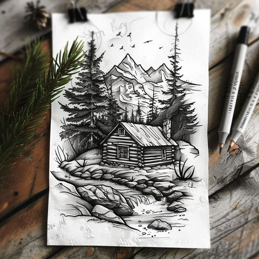 Rustic flat tattoo sketch of a log cabin surrounded by wilderness