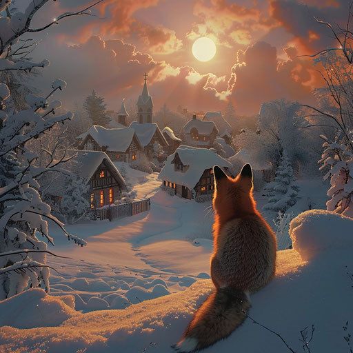 The solitary fox watches over a snowy village at dawn